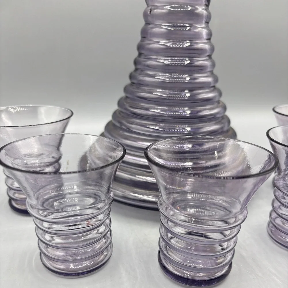 Vtg Purple Glass Beehive Decanter Set 5 Ribbed Shot Glasses Barware Unique EMPTY